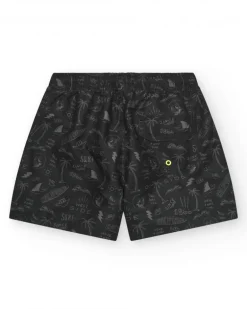 Short de bain noir pour garçon avec imprimé surfeur et cordon fluo.