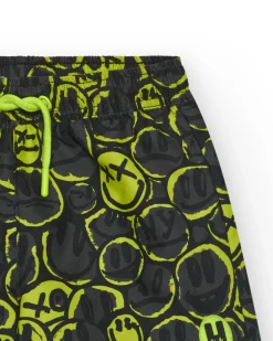 Short de bain noir pour garçon avec imprimé émojis et cordon fluo.