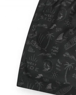 Short de bain noir pour garçon avec imprimé surfeur et cordon fluo.