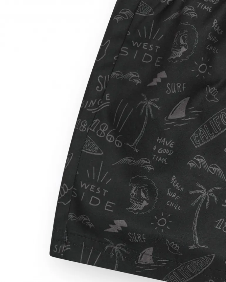 Short de bain noir pour garçon avec imprimé surfeur et cordon fluo.