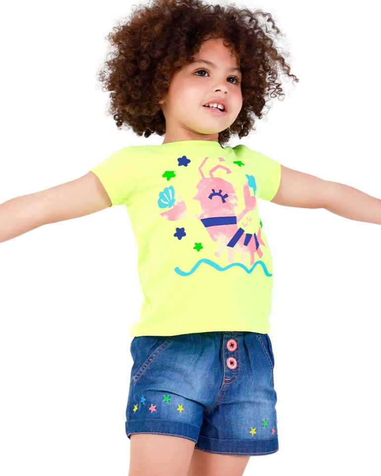 Short en denim pour fille avec taille élastique et broderie d’