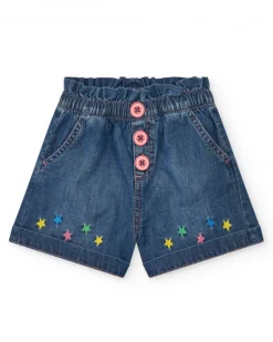 Short en denim pour fille avec taille élastique et broderie d’