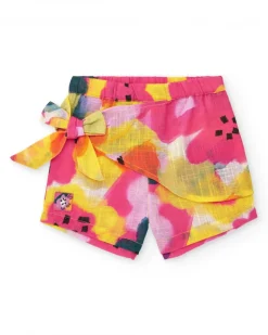 Short fuchsia pour fille avec fleurs et nœud latéral
