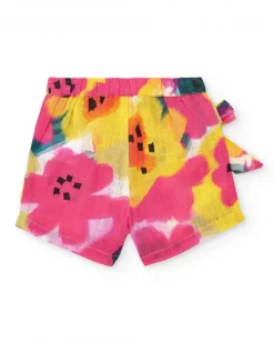 Short fuchsia pour fille avec fleurs et nœud latéral