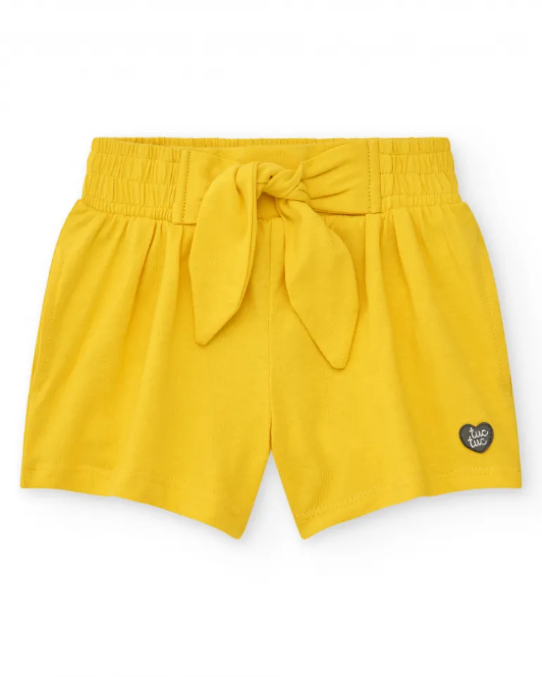 Short jaune pour fille avec nœud décoratif et taille élastique