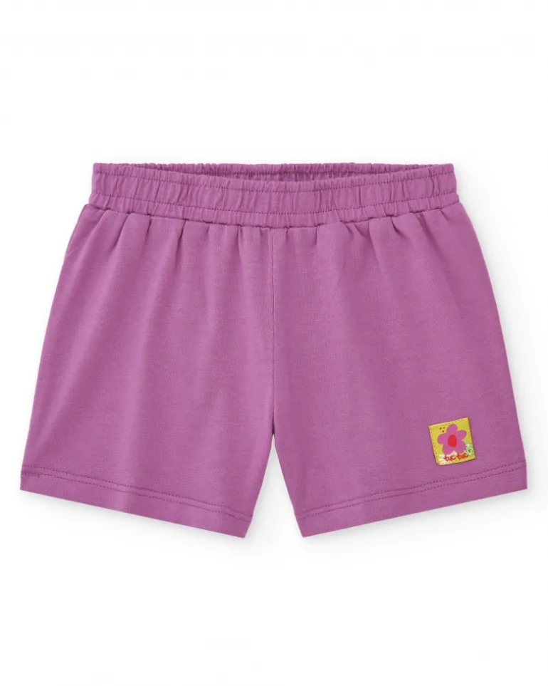 Short lilas pour fille avec taille élastique et broderie florale