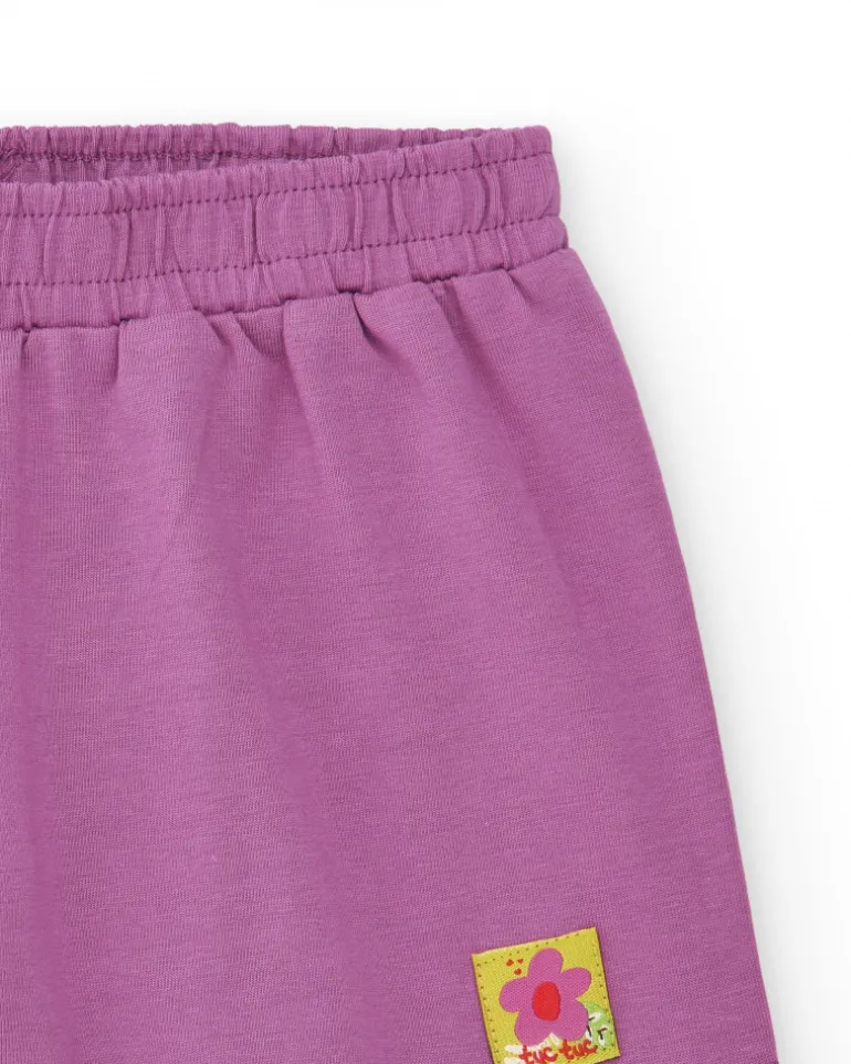 Short lilas pour fille avec taille élastique et broderie florale