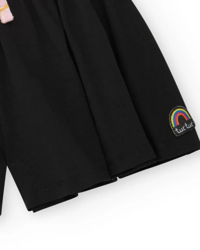 Short noir pour fille avec nœud rose et broderie arc-en-ciel