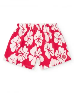 Short pour fille avec imprimé floral en rouge et blanc et taille élastique