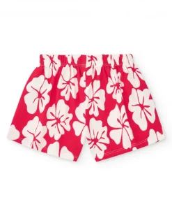 Short pour fille avec imprimé floral en rouge et blanc et taille élastique