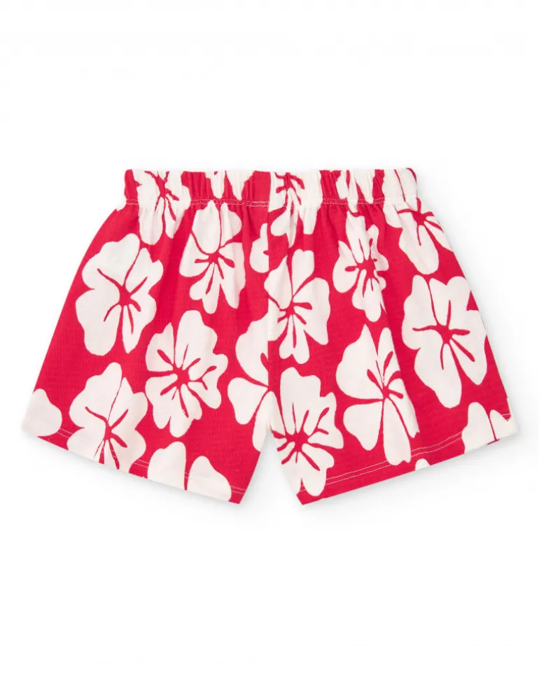 Short pour fille avec imprimé floral en rouge et blanc et taille élastique