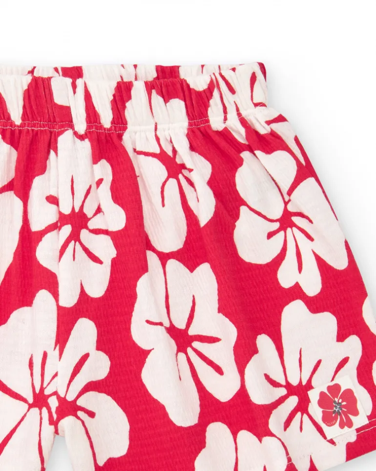 Short pour fille avec imprimé floral en rouge et blanc et taille élastique