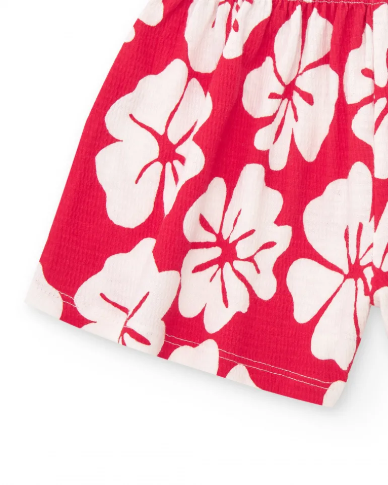 Short pour fille avec imprimé floral en rouge et blanc et taille élastique