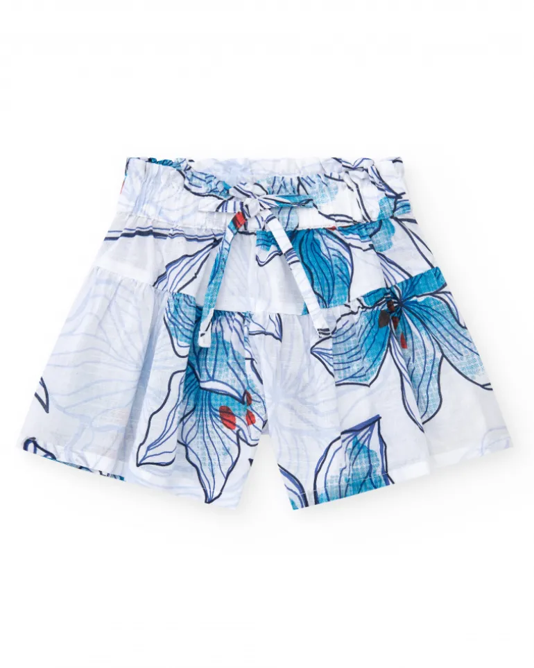Short pour fille en blanc avec taille élastique et nœud décoratif.