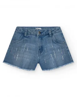 Short pour fille en bleu avec détails brillants et ourlet effiloché