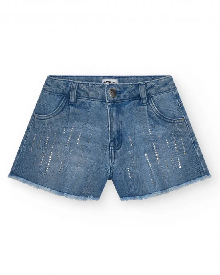 Short pour fille en bleu avec détails brillants et ourlet effiloché