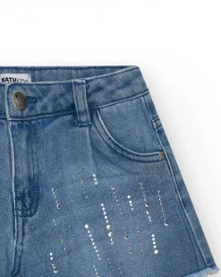 Short pour fille en bleu avec détails brillants et ourlet effiloché