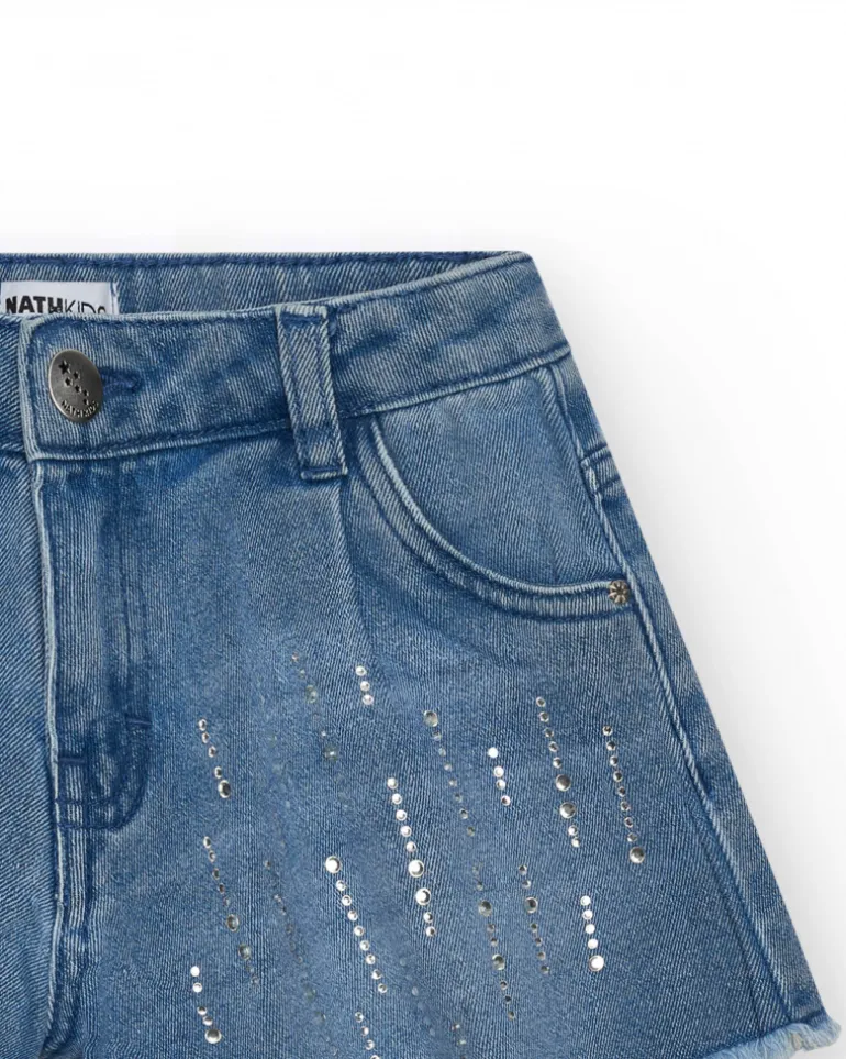 Short pour fille en bleu avec détails brillants et ourlet effiloché