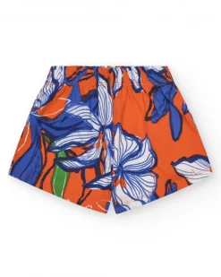 Short pour fille en orange avec taille élastique et imprimé floral.