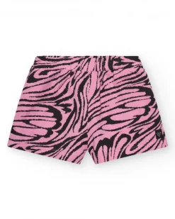 Short pour fille en rose avec imprimé animal et taille élastique.
