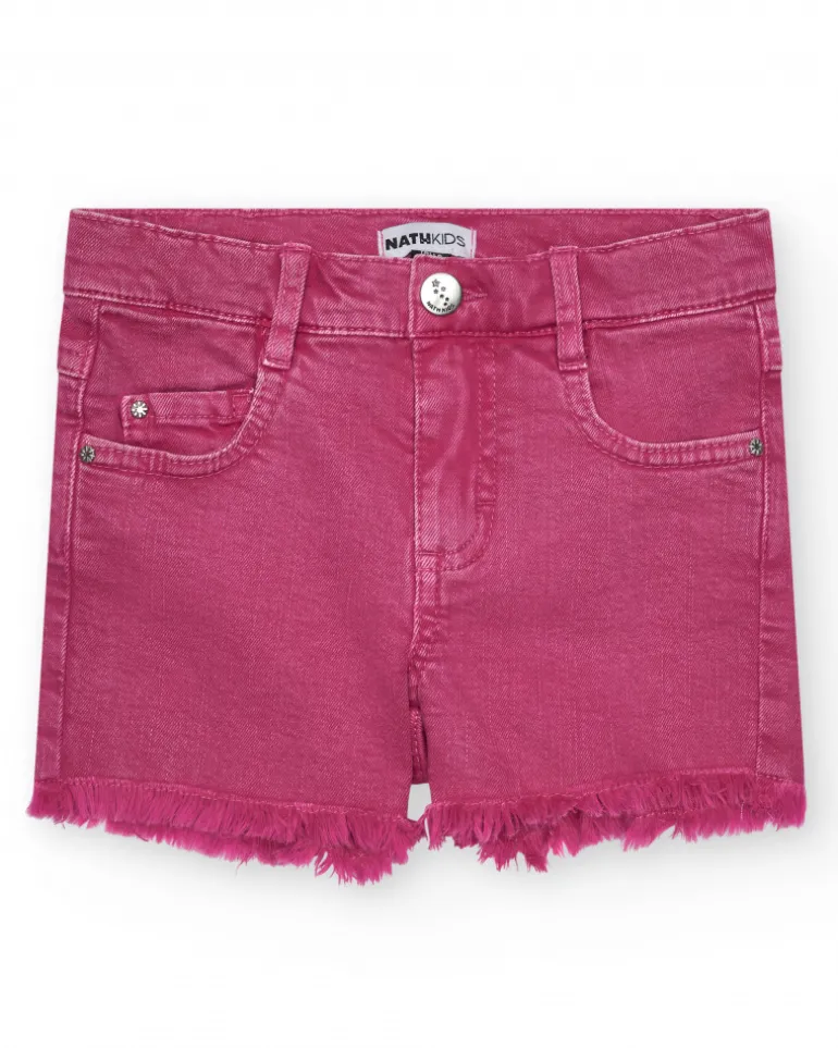 Short pour fille en rose avec poches et fermeture à bouton.