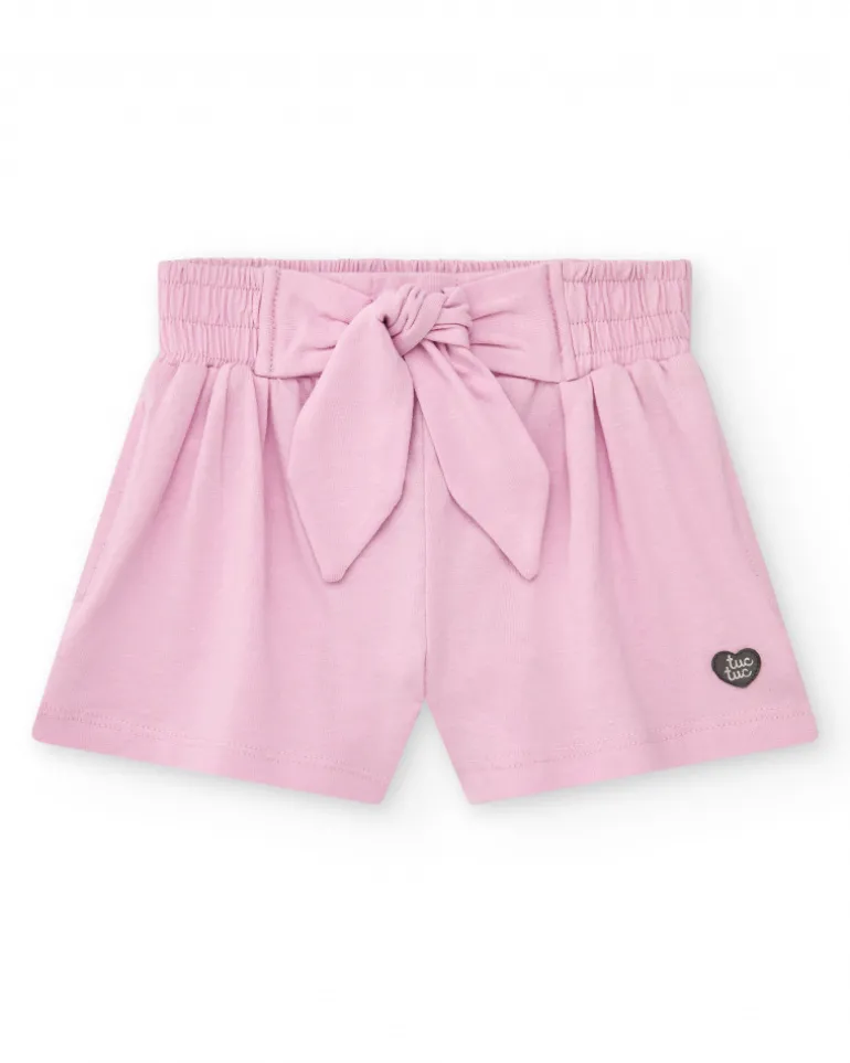 Short rose pour fille avec nœud et taille élastique