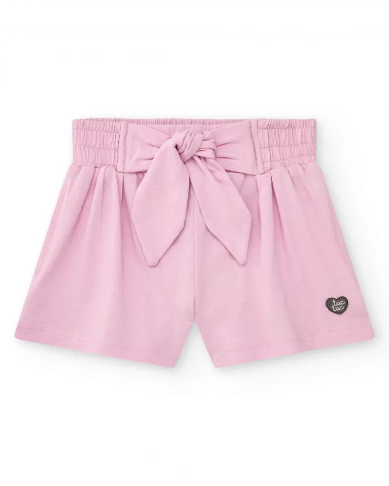 Short rose pour fille avec nœud et taille élastique