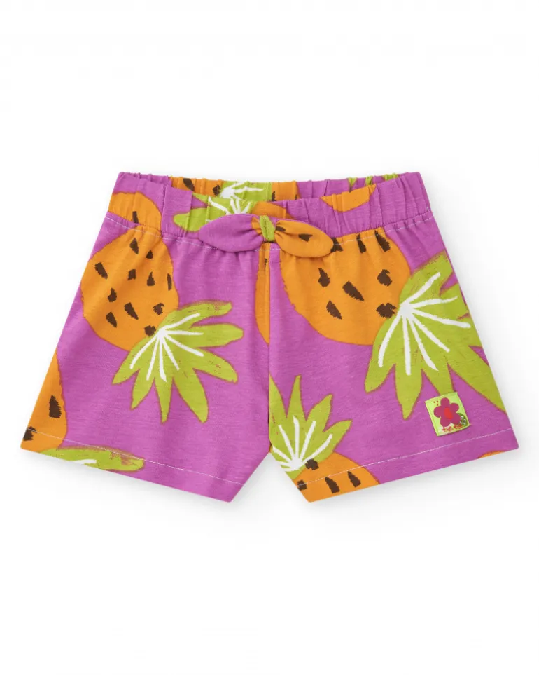 Short tropical pour fille en violet et orange avec fruits