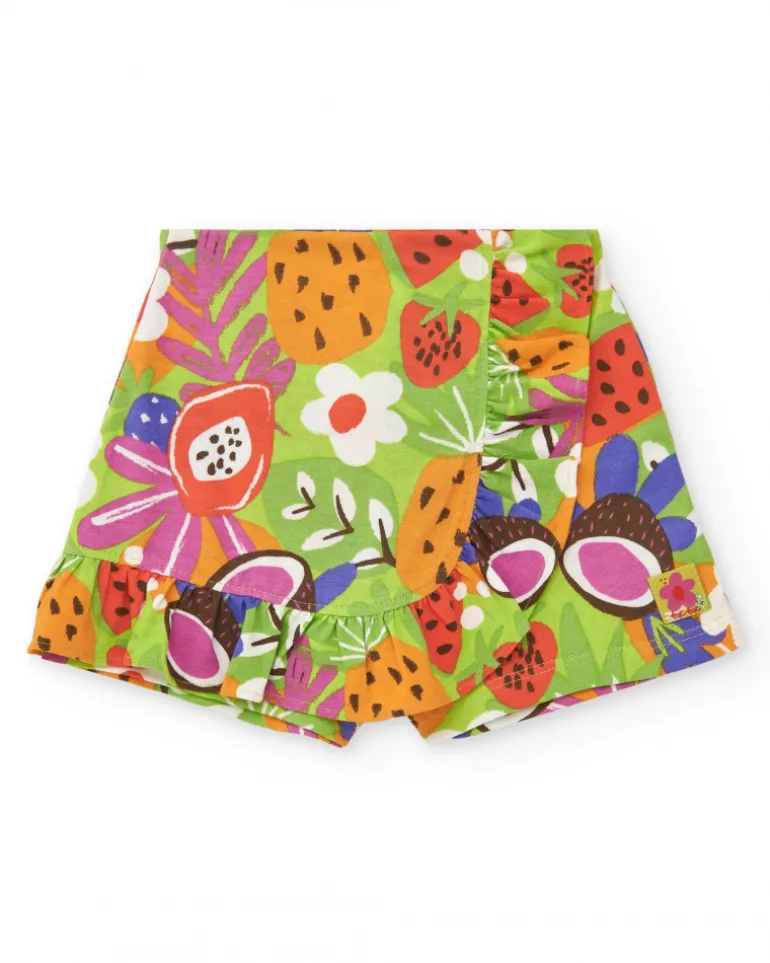 Short vert pour fille avec imprimé fruité et volants
