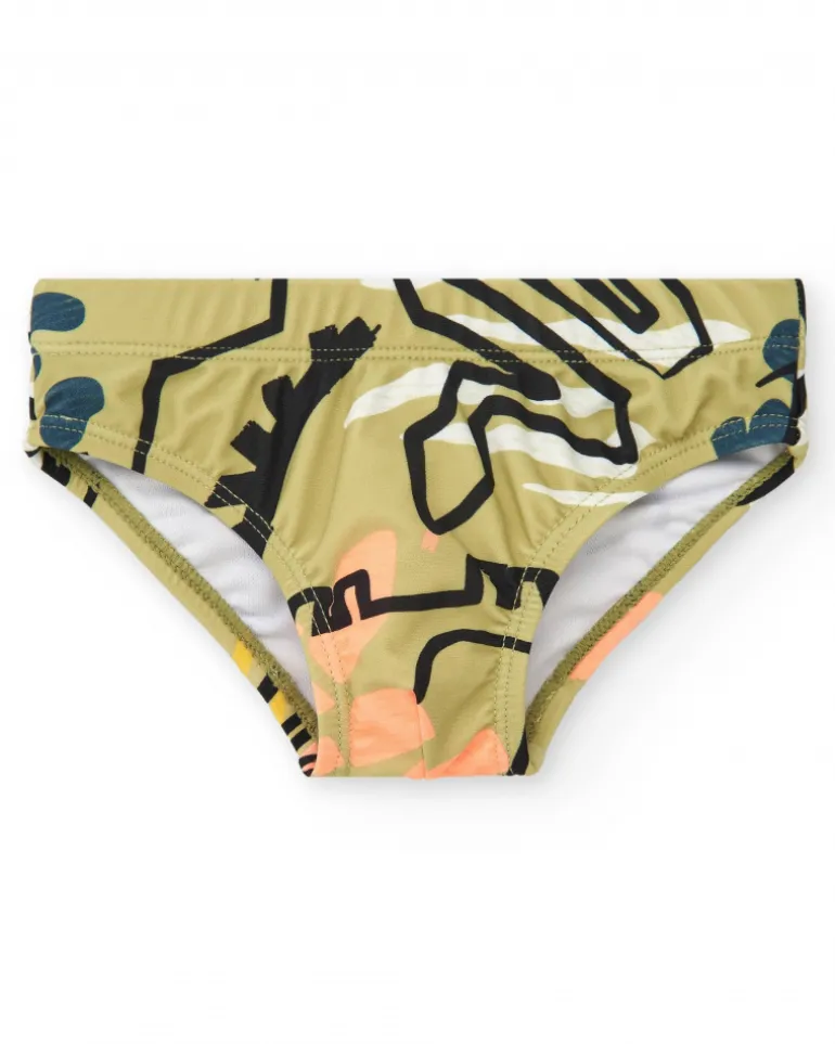 Slip de bain kaki pour garçon avec imprimé de dinosaures