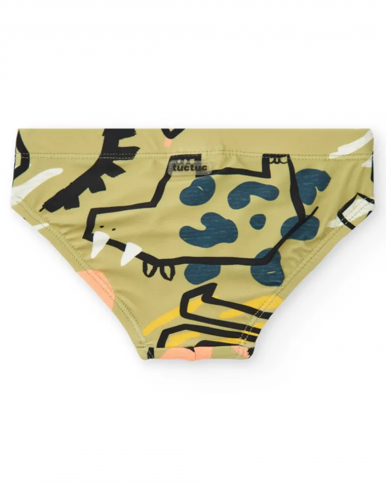 Slip de bain kaki pour garçon avec imprimé de dinosaures