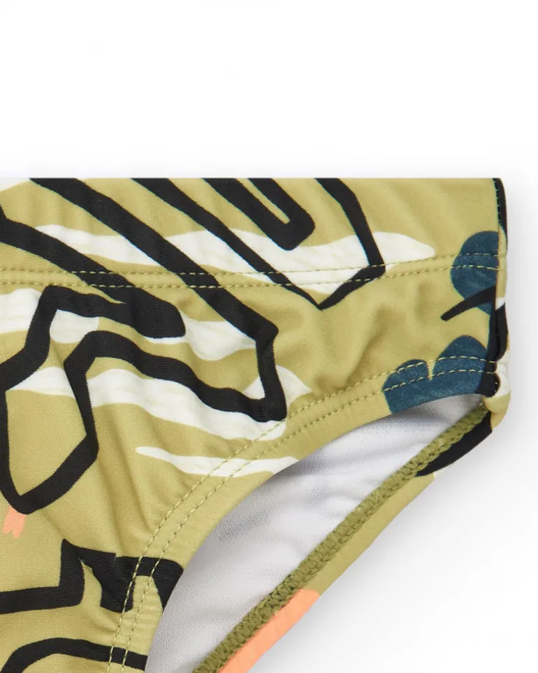 Slip de bain kaki pour garçon avec imprimé de dinosaures