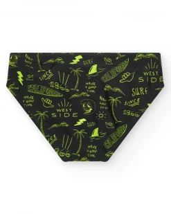 Slip de bain noir pour garçon avec imprimé surfeur et cordon fluo.