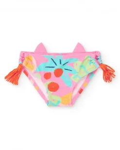 Slip de bain rose pour fille avec oreilles en relief et pompons latéraux