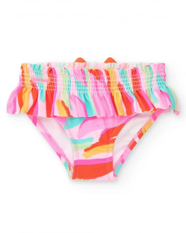 Slip de bain rose pour fille avec imprimé multicolore et volants