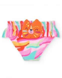 Slip de bain rose pour fille avec imprimé multicolore et volants