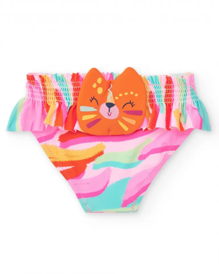 Slip de bain rose pour fille avec imprimé multicolore et volants