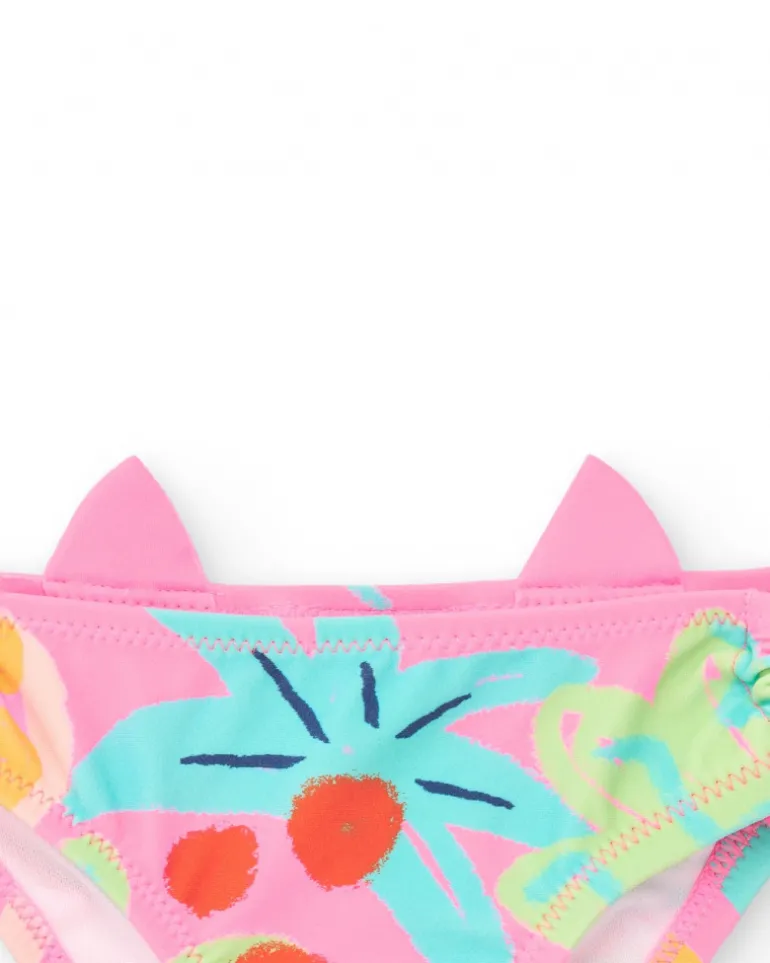 Slip de bain rose pour fille avec oreilles en relief et pompons latéraux