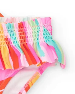 Slip de bain rose pour fille avec imprimé multicolore et volants