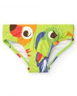 Slip de bain vert pour garçon avec perroquets et imprimé tropical