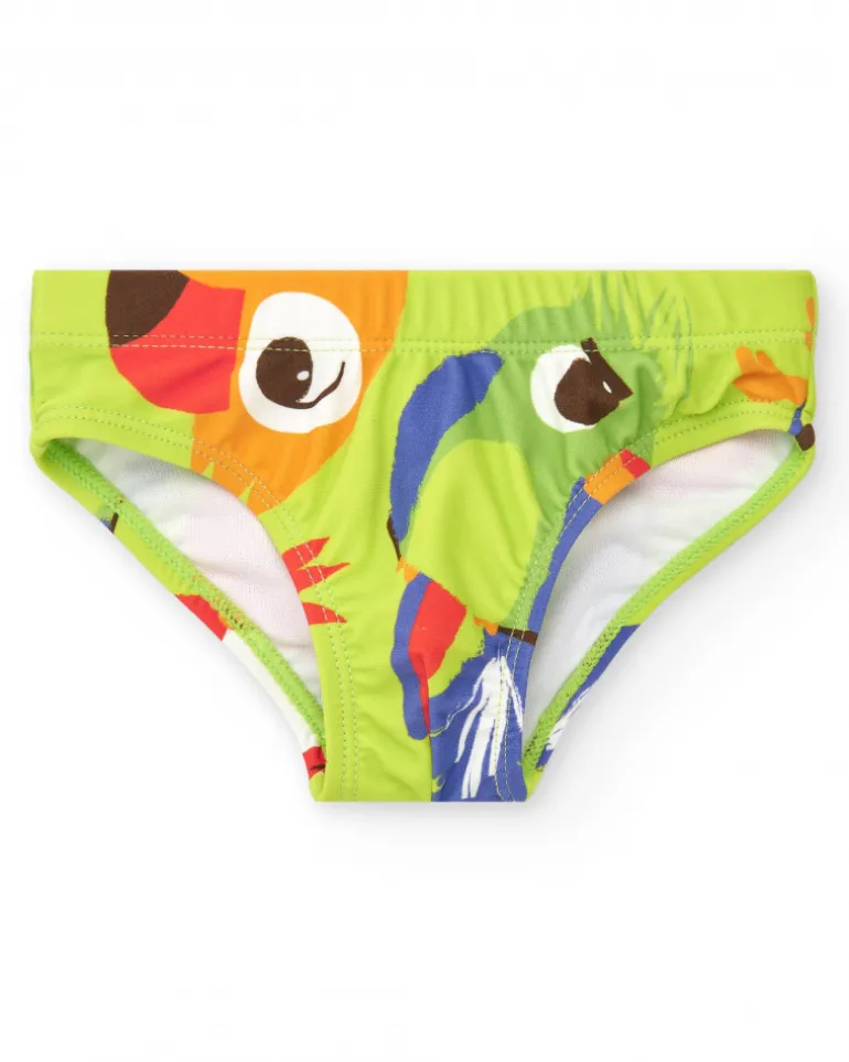 Slip de bain vert pour garçon avec perroquets et imprimé tropical