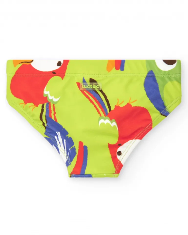 Slip de bain vert pour garçon avec perroquets et imprimé tropical