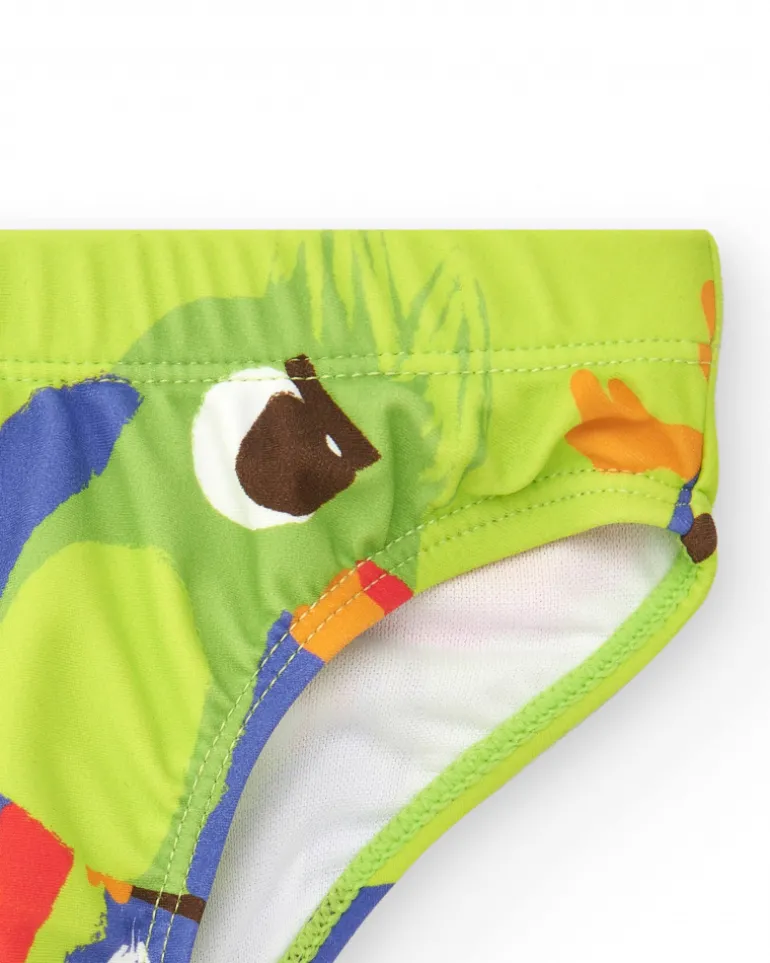 Slip de bain vert pour garçon avec perroquets et imprimé tropical