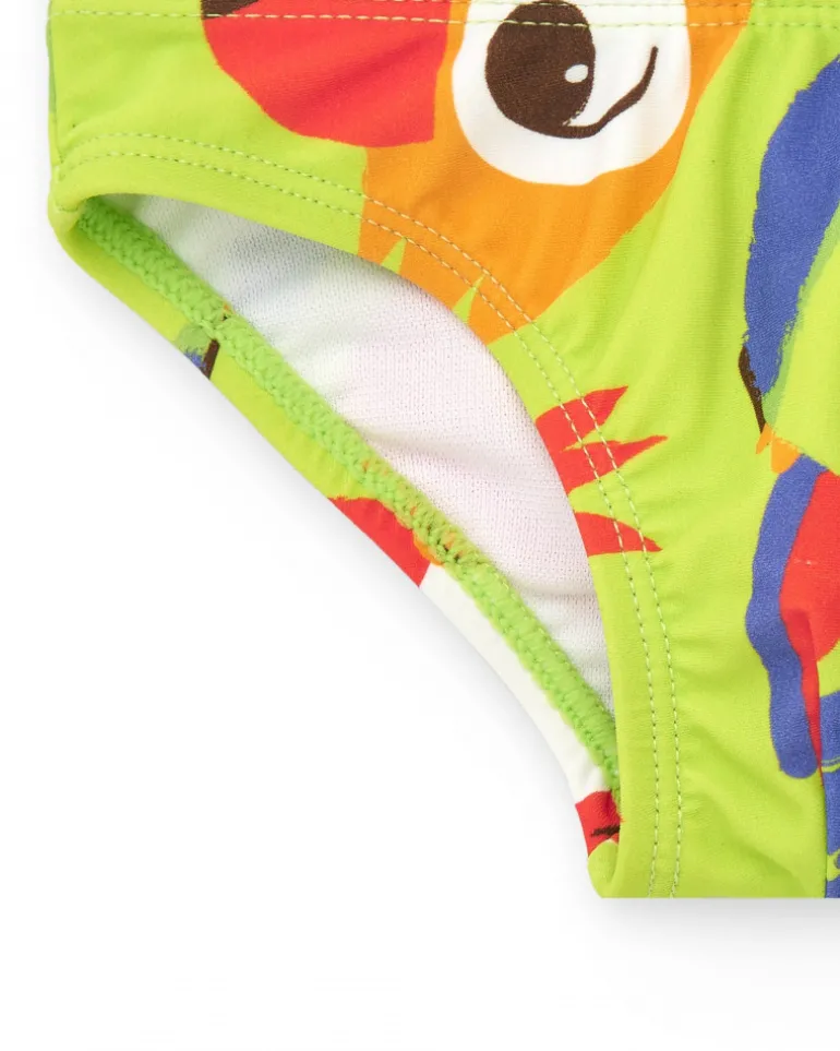 Slip de bain vert pour garçon avec perroquets et imprimé tropical