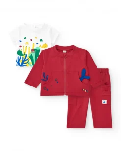 Survêtement en polaire pour garçon de trois pièces avec veste rouge, t-shirt blanc et pantalon rouge