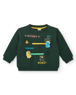 Sweat garçon vert avec motif jeu vidéo "TUC TUC WINS" collection Cyber Dino