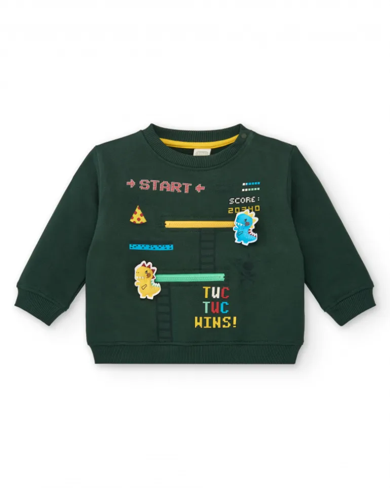 Sweat garçon vert avec motif jeu vidéo "TUC TUC WINS" collection Cyber Dino
