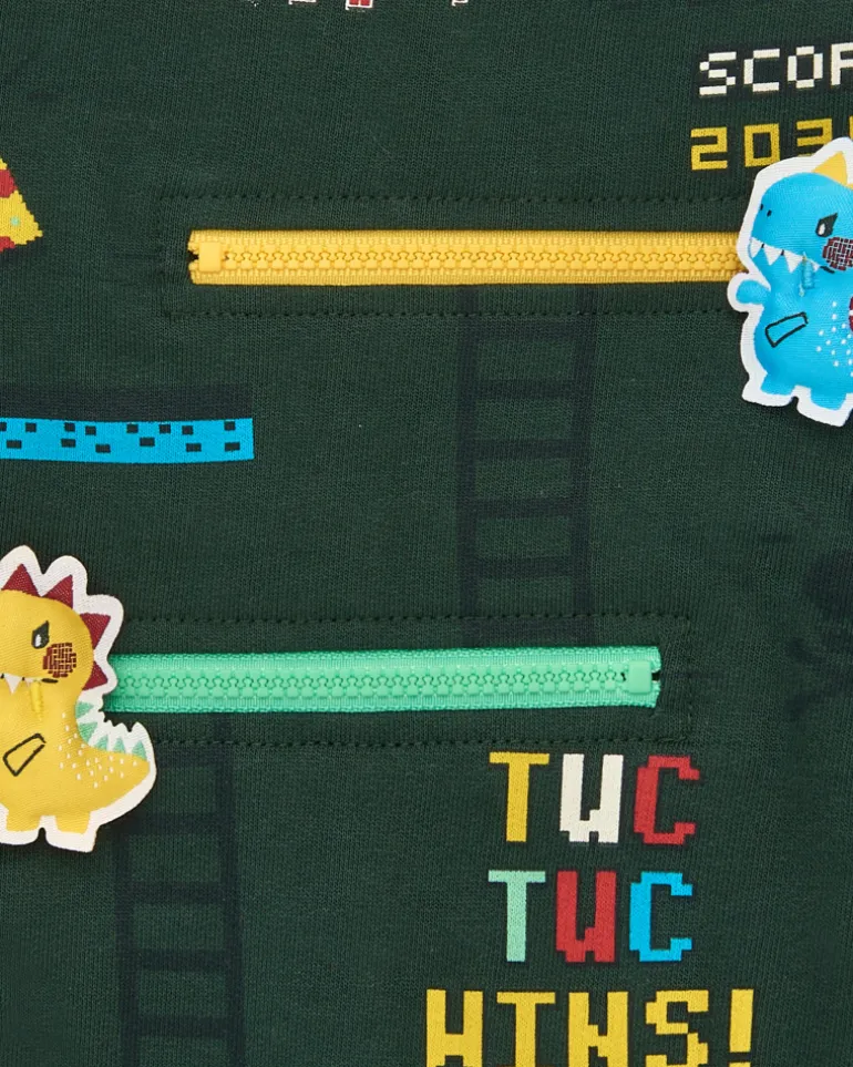 Sweat garçon vert avec motif jeu vidéo "TUC TUC WINS" collection Cyber Dino