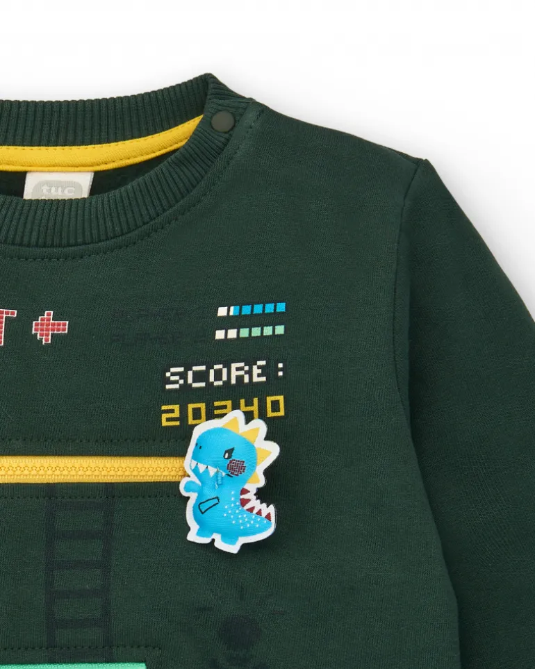 Sweat garçon vert avec motif jeu vidéo "TUC TUC WINS" collection Cyber Dino