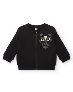 Sweat-shirt en peluche garçon noir avec fermeture éclair et motif tigre collection Cartoon Calling